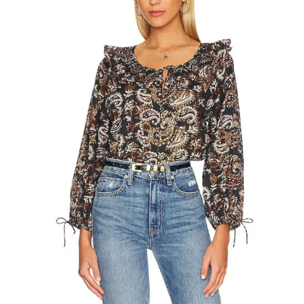 Cleobella Jillian Paisley Ruffle-Neck Long-Sleeve Top